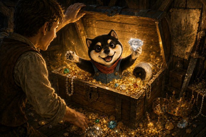A digital fantasy artwork showing a young boy opening a treasure chest to reveal a cartoon husky dog holding a sparkling diamond, surrounded by gold coins and jewels.