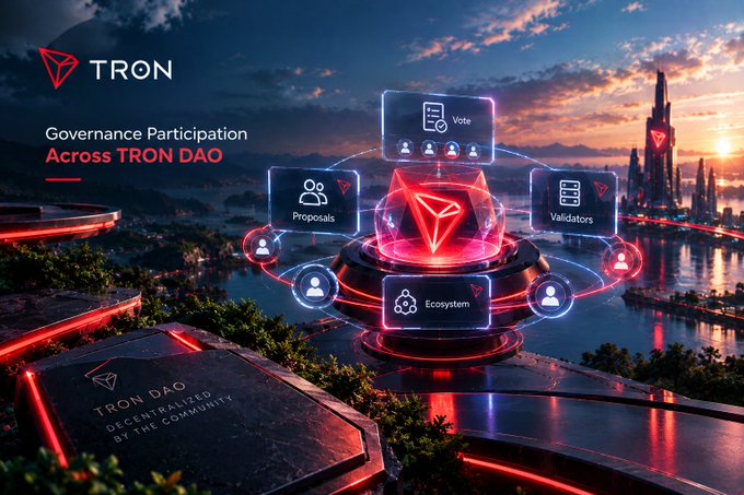 A promotional graphic for TRON DAO titled "Governance Participation Across TRON DAO" featuring icons for Vote, Proposals, Validators, and Ecosystem against a futuristic cityscape.