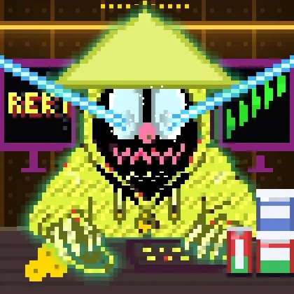 A pixel art character with a wide, sharp-toothed grin and yellow conical hat sits at a desk between two monitors displaying "REKT" and a falling green chart, while holding a coin bag. The image visually represents the "Tradooor" NFT—a comical, grinning trader archetype—symbolizing a trade of the #9308 token on OpenSea, where the falling chart and "REKT" text humorously allude to the financial loss or volatility associated with the 0.047 WETH transaction.