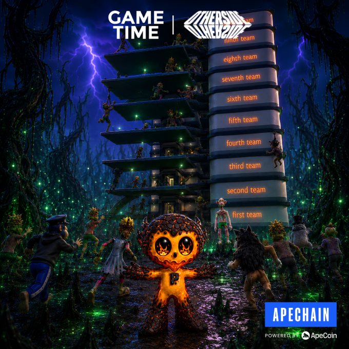 A dark fantasy promotional poster for 'GAME TIME | CHEERS THE BOYZ' featuring a glowing orange mascot, zombie-like creatures, and a building labeled 'first team' through 'eighth team,' branded with ApeChain Powered by ApeCoin.