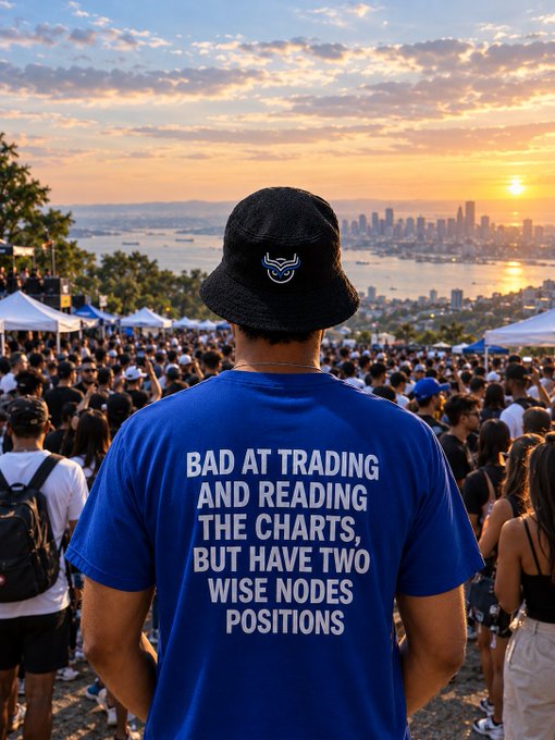 A person wearing a blue t-shirt with text 'BAD AT TRADING AND READING THE CHARTS, BUT HAVE TWO WISE NODES POSITIONS' looks out at a sunset over a city waterfront.