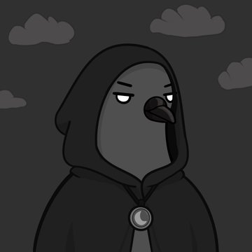 A dark, hooded crow-like character with a crescent moon pendant stands against a gloomy night sky with clouds. The somber, mysterious aesthetic of the cloaked bird complements the post's excitement over the "Golubiro" NFT collection purchases by crypto_czar_eth.