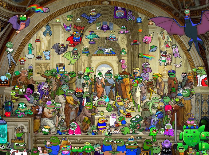A chaotic, colorful collage featuring numerous cartoon frog characters and other creatures filling the frame, set against a background resembling a classical fresco painting.