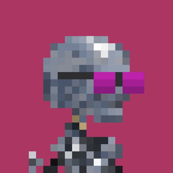 A heavily pixelated, low-resolution image of what appears to be a person or character with white and blue coloring against a solid pinkish-red background.