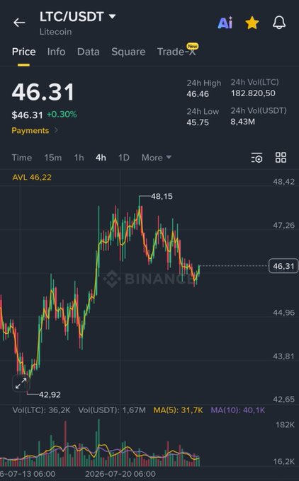 A screenshot of a Binance trading chart for the LTC/USDT (Litecoin) pair, showing a current price of $46.31 (+0.30%) with a 24-hour high of $46.46 and low of $45.75, alongside candlestick price action and volume data. The "run it back" caption reflects Litecoin's notable recovery from a recent dip around $42.92 back up toward recent highs near $48.15.