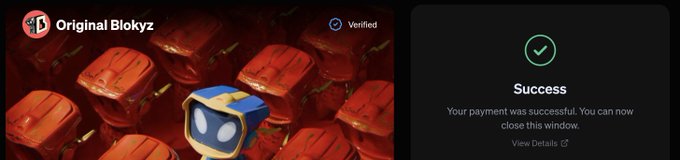 A digital payment confirmation showing 'Success' with the message 'Your payment was successful. You can now close this window,' next to a verified 'Original Blokyz' NFT profile featuring a blue box avatar among red characters.