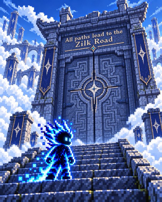 A pixel art style digital illustration of a glowing blue character standing before a massive stone gateway with stairs, where text reads 'All paths lead to the Zilk Road'.