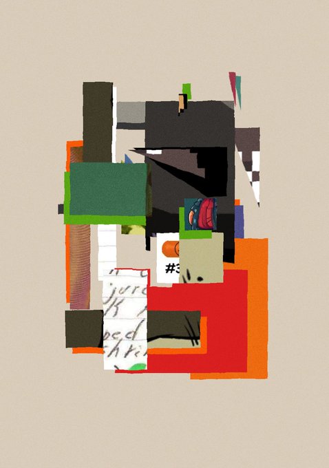 A vibrant abstract collage of geometric shapes in orange, green, red, black, and white, featuring partially visible text including "judg," "ded," and "tis," mirrors the fragmented, resilient spirit of Bitcoiners rallying in the face of a crisis. The chaotic yet purposeful composition visually echoes the message of strength emerging from adversity.