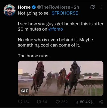 The image is a tweet from @TheFlowHorse announcing he won't sell $FROHORSE after 20 minutes on @fomo, attached with a GIF of horses running and noting 80.4K views.

The post humorously mocks followers who bought into the $FROHORSE token based solely on the tweet, validating the criticism of buying coins promoted on Twitter.