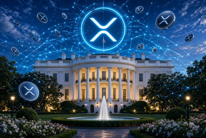 The image depicts the White House illuminated at night with glowing XRP cryptocurrency logos and digital network connections overlaid above it, symbolizing the intersection of government policy and crypto. The visual reinforces the post's news about the White House Crypto Meeting on 8/19, Ripple CEO Brad Garlinghouse's attendance, and the potential regulatory breakthrough for XRP's commodity status through the Clarity Act.