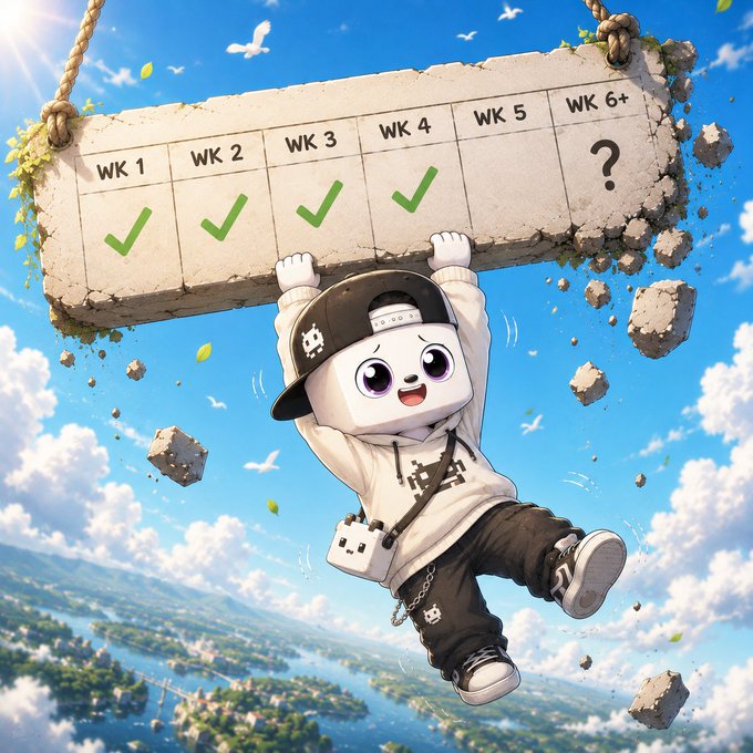 A cartoon character hangs from a stone progress bar showing "WK 1" through "WK 5" with green checkmarks, while "WK 6+" displays a question mark as debris falls away around them. The image visually represents the user's return after weeks of inactivity, symbolizing their resumption of consistent posting and reconnecting with the community.
