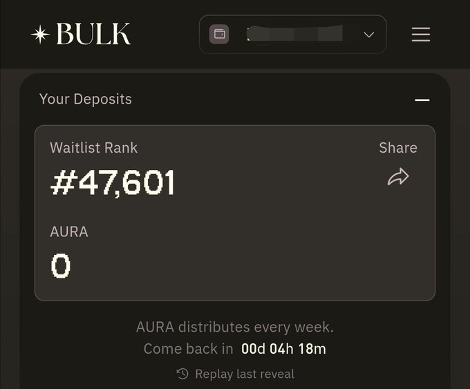 A screenshot of the Bulk platform showing a user at waitlist rank #47,601 with 0 AURA points, with a countdown indicating the weekly AURA distribution will occur in 4 hours and 18 minutes—aligning with the post's anticipation of receiving their first AURA points and excitement about their YT-bulkSOL investment on Exponent Finance.