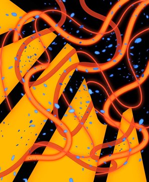 Abstract digital artwork featuring red intertwining ribbon-like shapes and blue particles over a background of orange and black geometric stripes.