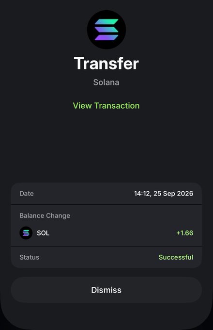 Solana blockchain transaction confirmation screen showing a successful transfer of +1.66 SOL dated 25 Sep 2026 at 14:12, with options to view the transaction or dismiss.