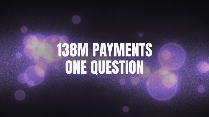 A dark purple graphic with glowing bokeh lights displays the bold white text “138M PAYMENTS ONE QUESTION.” It illustrates the post’s claim that Chainalysis counted more than 138 million x402 payments on Base amid Stripe’s emerging agentic commerce activity.