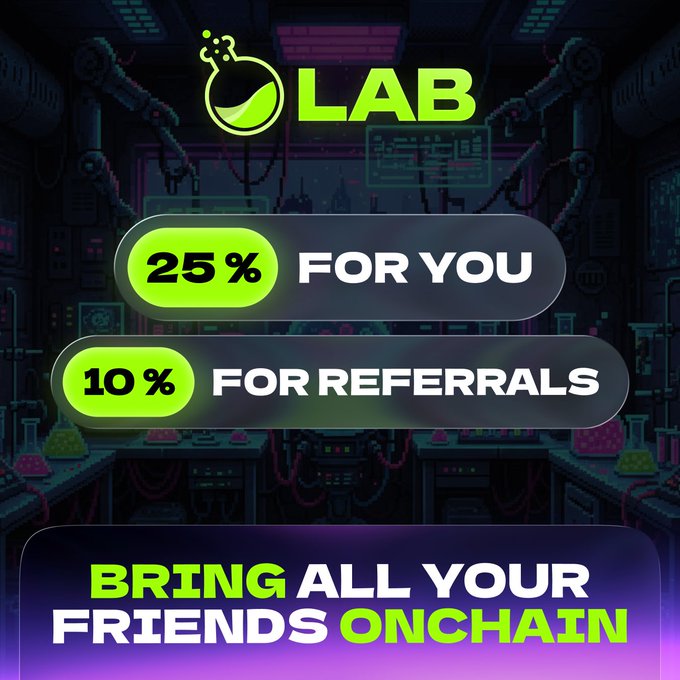A neon-styled "LAB" promotional graphic set against a cyberpunk lab backdrop, highlighting a 25% reward "FOR YOU" and 10% "FOR REFERRALS," with the bold call-to-action "BRING ALL YOUR FRIENDS ONCHAIN" reinforcing the post's message about earning ongoing rewards through referral trading activity.