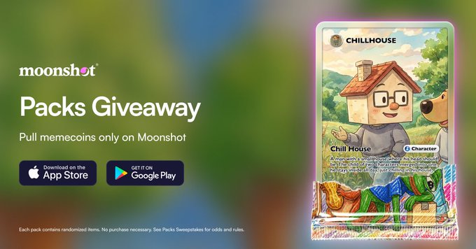 The image features a Minecraft card with a house character and a dog on it, along with text that reads "Chillhouse" and "Pack Giveaway". The text also includes an app store link for the Minecraft game. A social media post is displayed in the bottom right corner of the image, which says "Legends! Chillhouse has its own card in the new Moonshot Packs In celebration, the house is giving away 10 Casual Packs to 10 legendary users. To enter: Reply with your Moonshot @username RT, Like, and Follow @ChillHouseSOL & @Moonshot Ends at 11:59PM ET". The image also includes a small illustration of a dog on the card.
