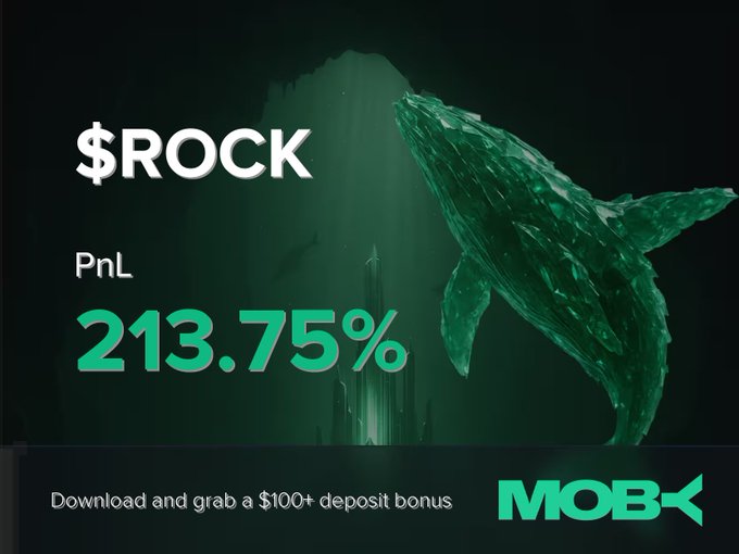A promotional graphic featuring a translucent green whale on a dark background displays a winning trade alert for the $ROCK token, highlighting an impressive PnL of 213.75%, with a call-to-action for a $100+ deposit bonus and the Moby logo at the bottom.