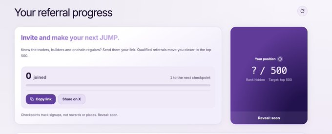 A referral progress dashboard showing 'Your referral progress' with '0 joined' and a position rank of '? / 500', targeting the top 500 with options to copy a link or share on X.