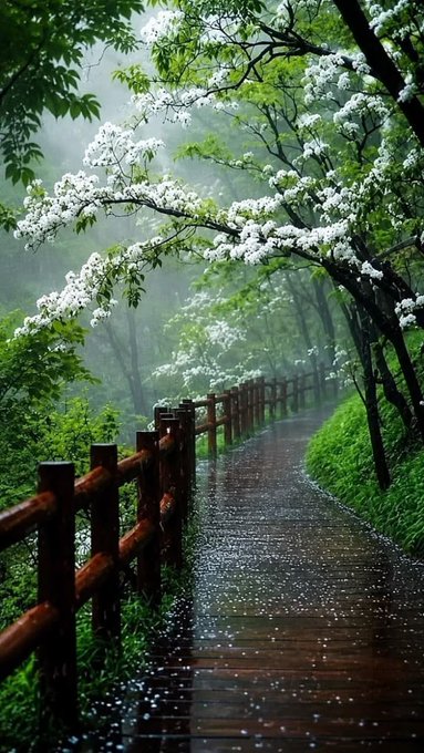 A wet wooden pathway lined with a wooden fence winds through a misty forest with white blooming flowers on the trees.