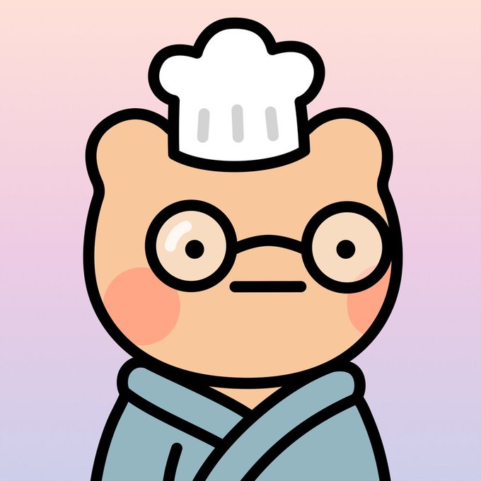 A cartoon bear chef wearing round glasses, a white chef's hat, and a blue robe stands against a soft pink gradient background. The whimsical illustration aligns with the post's mention of WonderPals sharing custom art weekly, likely serving as one of the NFT's character designs added to the gemgallery.eth collection.