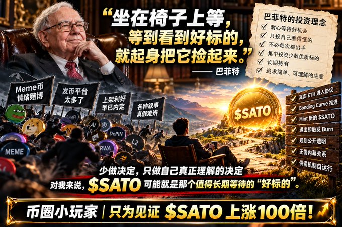 Chinese-language cryptocurrency promotional graphic featuring a Warren Buffett quote about waiting for the right opportunity, promoting $SATO token with various bulleted investment features on the right side.