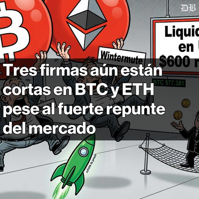 A cartoon illustration showing panicked figures near Bitcoin and Ethereum logos, with text reading 'Wintermute' and a Spanish headline 'Tres firmas aún están cortas en BTC y ETH pese al fuerte repunte del mercado'.