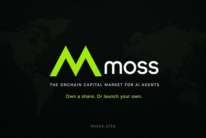 A promotional graphic for 'moss' with the tagline 'THE ONCHAIN CAPITAL MARKET FOR AI AGENTS' and 'Own a share. Or launch your own.' at moss.site.