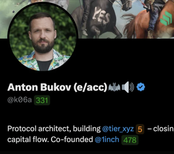 The image is a profile card for Anton Bukov (@k06a), a protocol architect and co-founder of 1inch (1INCH), who is now building Second Tier (@tier_xyz). The profile, shown against a backdrop of horse imagery, highlights his credentials—referenced in the post praising him and the tier_xyz team as experienced professionals behind one of crypto's notable airdrops.