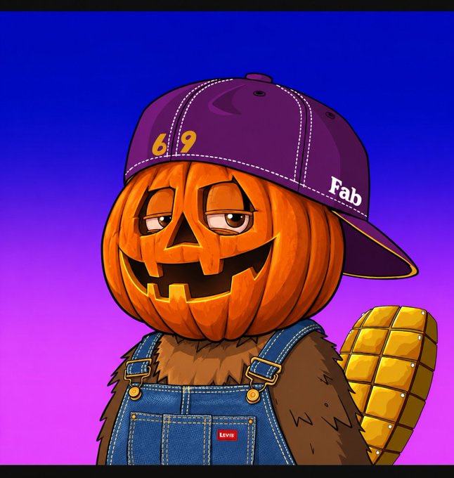 A digital illustration of an anthropomorphic pumpkin character wearing a purple baseball cap with '69' and 'Fab' written on it, a denim Levi's overall, and holding a cob of corn.