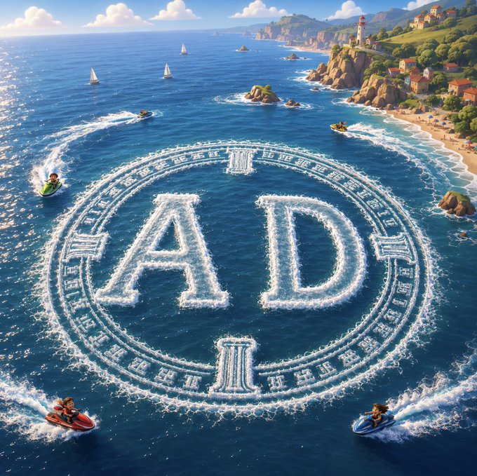 A coastal scene features a large circular design with the letters "AD" formed by sea foam in the water, representing the partnership between A Network™ and Deltix, while small boats navigate around the emblem and a picturesque seaside village sits along the rocky shoreline in the background.