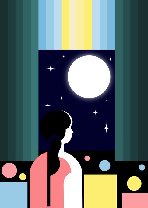 A stylized minimalist illustration of a silhouetted woman with a ponytail gazing at a full moon in a starry night sky, surrounded by geometric shapes in pastel colors.