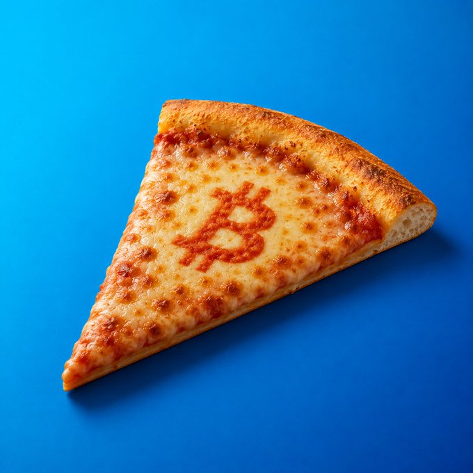 A slice of cheese pizza on a blue background with a Bitcoin '₿' symbol made of tomato sauce on top.