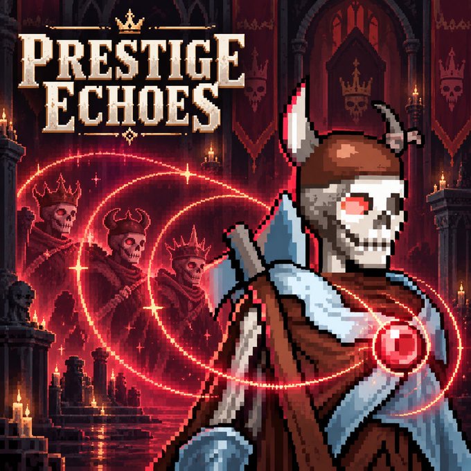 Pixel art game cover titled "PRESTIGE ECHOES" featuring a skeletal warrior with a glowing red eye and robes, surrounded by mystical red energy rings and crowned skeleton figures in a dark cathedral setting.