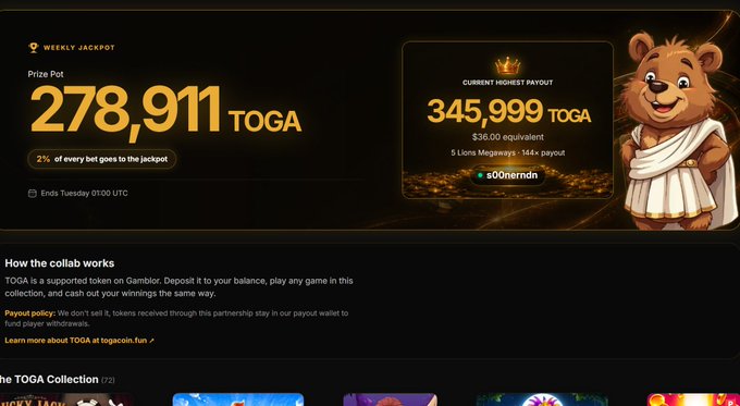 Screenshot of the TOGACOIN website showing a Weekly Jackpot prize pool of 278,911 TOGA and a current highest payout of 345,999 TOGA ($36.00 equivalent), featuring a cartoon lion mascot wearing a toga on the right side.