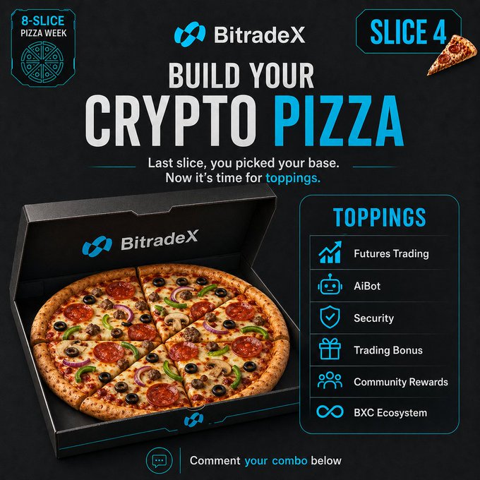 The image shows a box of pizza inside an open black box, along with text that indicates this is part of a Bitcoin rewards program called "Slice 4" during the "8-Slice Pizza Week". A pizza has been cut into slices and placed in its box. The text suggests that someone has already won 30,000 Bitcoins (worth $3,000) in a trading bot challenge and is currently redeeming their reward for a pizza.