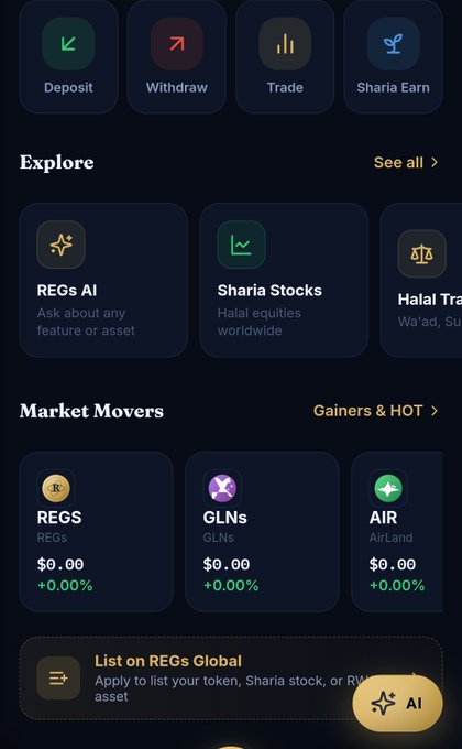 A dark-themed mobile app interface showing a cryptocurrency/finance dashboard with quick action buttons (Deposit, Withdraw, Trade, Sharia Earn) at the top, an "Explore" section featuring "REGs AI" and "Sharia Stocks," and a "Market Movers" section displaying $REGS token priced at $0.00. The image highlights the REGS token prominently in both the Explore and Market Movers sections, directly relating to the "$REGs" ticker mentioned in the post.
