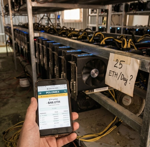 A hand holds a smartphone displaying the Poloniex exchange showing an ETH price of $48, while standing in front of a mining rig with a handwritten note reading '25 ETH/Day?'.