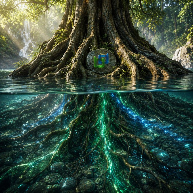 A fantasy scene of a large tree with a glowing logo embedded in its trunk, with magical glowing green and blue roots spreading underwater.