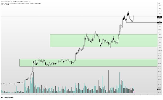A TradingView price chart of Zcash (ZECUSDT on Binance) shows a strong uptrend from around $360 in early October to a peak near $740 on September 20, 2025, with the recent price consolidating near $700 (highlighted by a black support zone). Two green horizontal bands mark key accumulation ranges near $420 and $600, visually reinforcing the post's view that ZEC remains one of the market's strongest performers despite short-term consolidation.