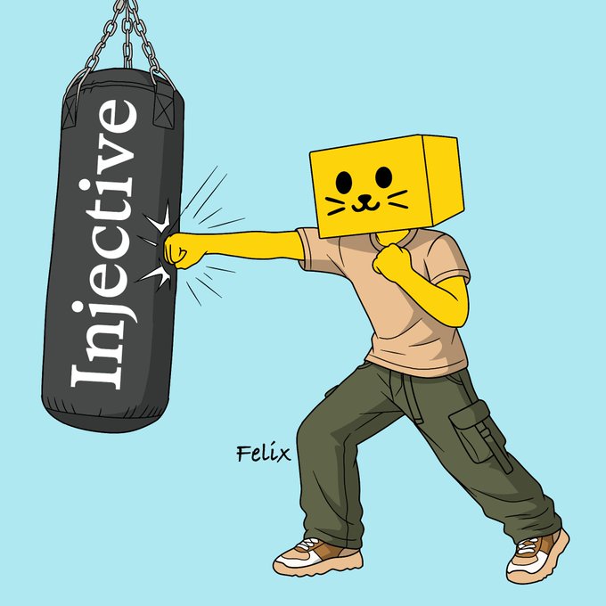 A cartoon character with a yellow box-shaped head punches a black heavy bag labeled 'Injective,' signed by 'Felix' against a light blue background.