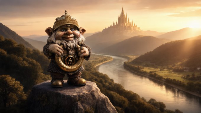 A fantasy scene featuring a dwarf character with a white beard and crown, wearing a tunic with an 'A' emblem, standing on a cliff overlooking a river valley with a distant castle.