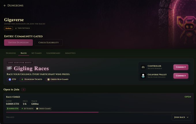 The image shows the Gigaverse dungeon interface featuring "Gigling Races" under Loot Survivor Mode, with a Race #24663 entry fee of 0.0005 ETH, 3/6 spots filled, and a 1200M prize pool. This reflects Loot Survivor's gritty, vision-driven success by showcasing its active competitive racing feature with tangible rewards.