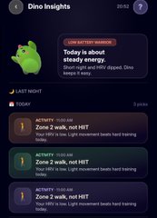 The image shows a "Dino Insights" screen from a sleep-tracking app, featuring a green dinosaur mascot and a "Low Battery Warning" alert that reads, "Today is about Steady energy - Short night and Hrv dipped, Dino keeps it easy." The activity log displays multiple nighttime entries, all timestamped between 10:00 AM and 11:00 AM, noting "Zone 2 walk, not HIT" and "Your HRV is low. Light movement beats hard training today."

This ties into the post about opening a Sleepagotchi box, as the insights screen likely reflects the user's sleep and activity data that influenced their in-app rewards, such as the new heroes and sleeping spot for their cute dino.
