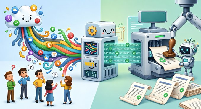 A cartoon illustration shows a colorful cloud and machine on the left spraying streams of data icons toward a group of puzzled people with question marks, while on the right a robotic arm stamps approved documents alongside machines displaying binary code like "0101010101010" and "0101010101010010"—visually representing the post's message about smart contracts evolving from simple rule execution to automated, real-world data-driven operations.