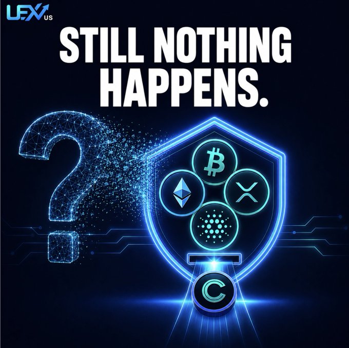 A digital promotional image from UEX US reads "STILL NOTHING HAPPENS." alongside a glowing question mark and a shield displaying crypto symbols including Bitcoin (BTC), Ethereum (ETH), XRP, Cardano (ADA), and another coin.