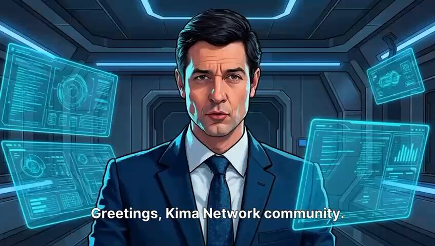 The image features a man dressed in a suit, standing in front of a computer screen with blue neon lights surrounding him. The text "Greetings Kima community" can be seen at the bottom of the image. The caption reads "Greetings Kima network community. Download StablePro Wallet to be part of the migration: play.google.com/store/apps/det". This suggests that the man is promoting a new app or service related to the Kima Network, and he wants people to download it for use in their daily lives.