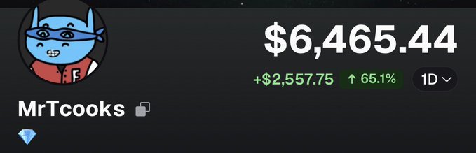 A crypto wallet profile showing the account 'MrTcooks' with a blue-faced avatar, displaying a portfolio balance of $6,465.44, up $2,557.75 (65.1%) in one day.