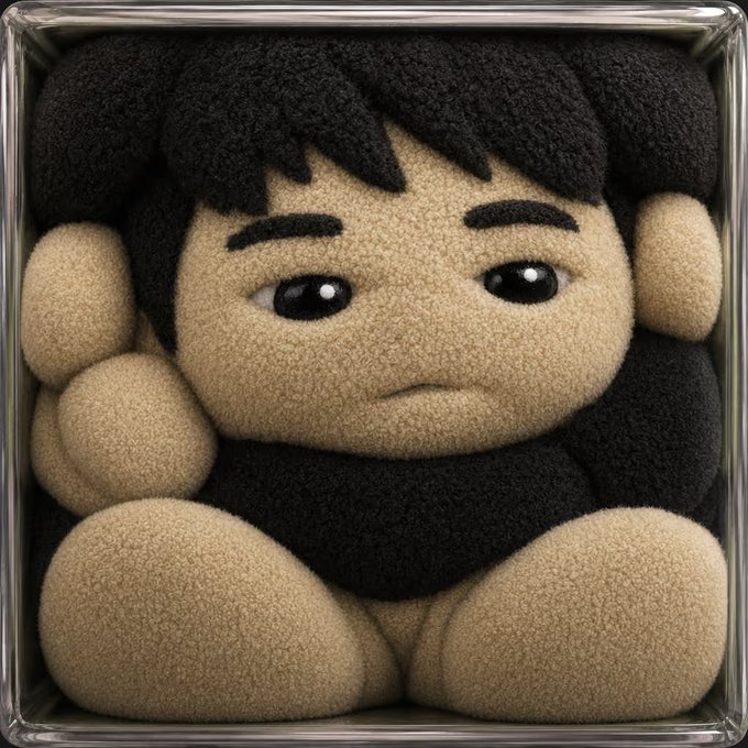 A 3D-rendered, plush-textured character with black hair and a serious expression, framed within a metallic square border.