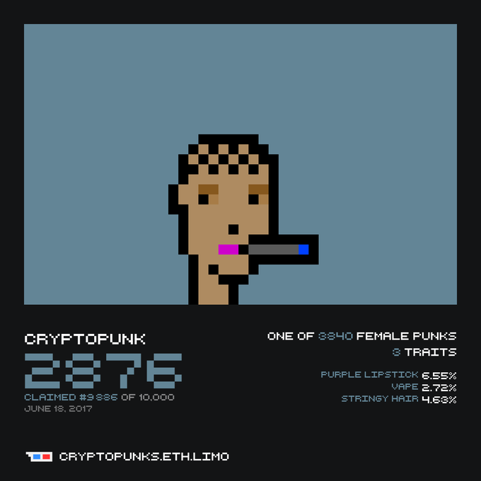 A pixel-art profile of a female character with purple lipstick holding a vape, labeled 'CRYPTOPUNK 2876', 'ONE OF 3840 FEMALE PUNKS', with traits including 'PURPLE LIPSTICK 6.55%', 'VAPE 2.72%', and 'STRINGY HAIR 4.63%', and the URL 'CRYPTOPUNKS.ETH.LIMO'.